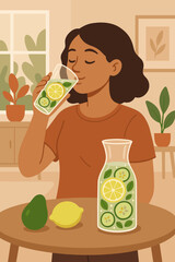 Healthy lifestyle woman drinking detox water with lemon cucumber mint at home, modern flat vector illustration, fresh organic drink, wellness, self care, kitchen interior, healthy habits concept