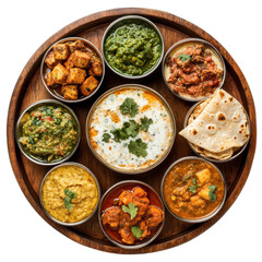 Vibrant Indian Cuisine Platter with Assorted Curries, Dals, and Breads on a Wooden Tray on transparent background