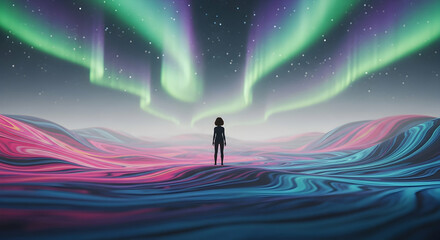 Fototapeta premium Solitary figure under aurora borealis in abstract landscape