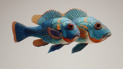 Two detailed colorful fish in close up against solid background
