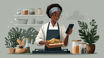 Chef Packing Biryani for Delivery with Smartphone Orders and Spices