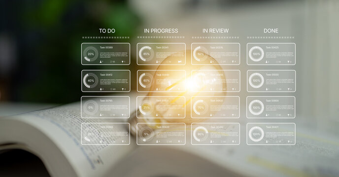 Task management tool dashboard showing kanban-style workflow with columns for to do, in progress, in review, and done, including task cards, progress, and team icons Latch