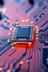 A detailed close-up of a computer motherboard reveals intricate electronic circuits and microchip components, symbolizing advanced digital technology and hardware engineering