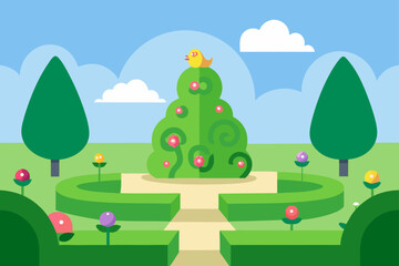 Fototapeta premium Cartoon Hedge Maze Garden With Flowering Vines