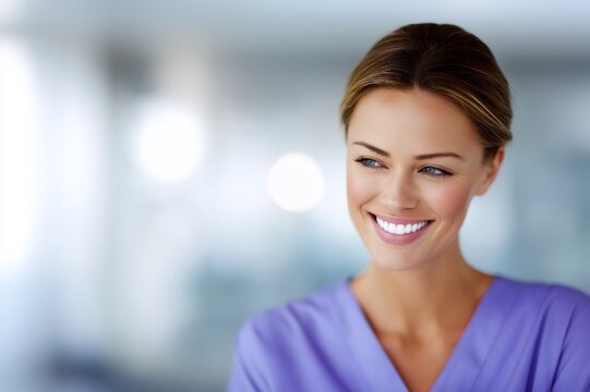Smiling Female Dental Hygienist in Purple Scrubs