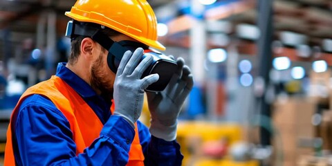 construction worker with helmet and virtual reality headset - Powered by Adobe