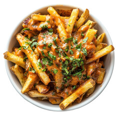Delicious Loaded Fries with Cheese and Herbs in a Bowl on transparent background
