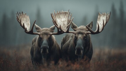 Two moose with large antlers in a forest environment