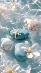 Seashells, starfish, and pearls on the beach, wallpaper 