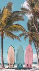 A photo of pastel-colored surfboards leaning against palm trees on the beach, with soft tones