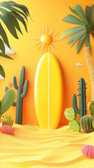3D cartoon, surfboard and sun, cute, yellow background, matte plastic surfaces, cacti and palm trees