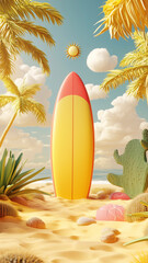 3D cartoon, surfboard and sun, cute, yellow background, matte plastic surfaces, cacti and palm trees