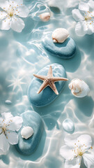 Seashells, starfish, and pearls on the beach, wallpaper 