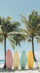 A photo of pastel-colored surfboards leaning against palm trees on the beach, with soft tones