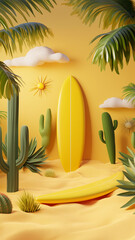 3D cartoon, surfboard and sun, cute, yellow background, matte plastic surfaces, cacti and palm trees