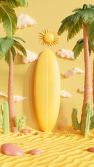 3D cartoon, surfboard and sun, cute, yellow background, matte plastic surfaces, cacti and palm trees
