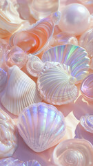 Seashells, starfish, and pearls on the beach, wallpaper 