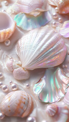 Seashells, starfish, and pearls on the beach, wallpaper 
