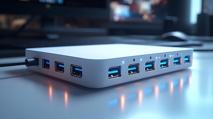 White usb hub with multiple blue ports high resolution picture