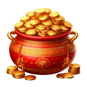 recommend clip art: Ornate Red Chinese Pot Filled with Gold Coins on Transparent Background