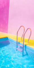 A serene swimming pool, with a ladder leading into the inviting waters. The pool is surrounded by pastel colors, with hues of pink and blue, as well as a touch of yellow, creating a summer vibe
