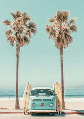 A vintage surf van with a surfboard leaning against it, two palm trees on the beach in California, a pastel blue sky, a mid-century modern aesthetic