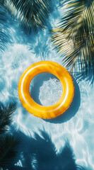 A yellow inflatable ring floating on the water, surrounded by palm leaves and sunlight reflections, with a blue background
