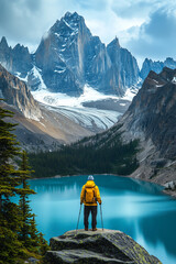 Adventurous hiker in a vibrant yellow jacket captures breathtaking mountain vista background