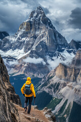Adventurous hiker in a vibrant yellow jacket captures breathtaking mountain vista background