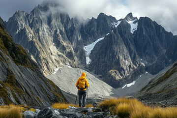 Adventurous hiker in a vibrant yellow jacket captures breathtaking mountain vista background