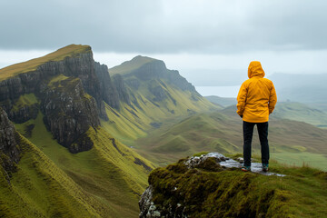 Adventurous hiker in a vibrant yellow jacket captures breathtaking mountain vista background
