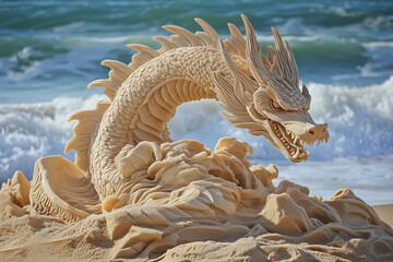 Competitor meticulously carves detailed dragon sculpture from golden sand blue ocean waves crashing nearby