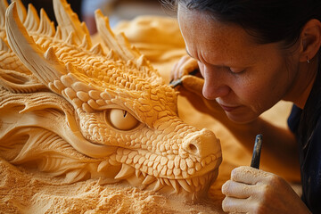 Competitor meticulously carves detailed dragon sculpture from golden sand blue ocean waves crashing nearby