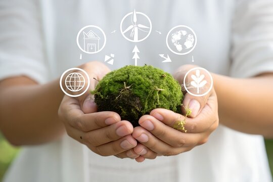 World environment day, Responsibility for a green planet, Sustainable growth, and global conservation.Businessman holding green world, Sustainable development goals and corporate social responsibility