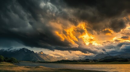 Dramatic Sunset Over Mountains with Stormy Clouds and Reflections in the Lake