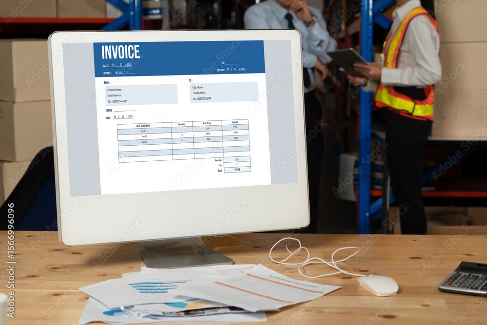 Poster invoice on computer screen from accounting application. computer program for financial and budget of