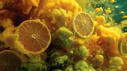 Vibrant citrus fruit slices and dynamic color splash in artistic composition
