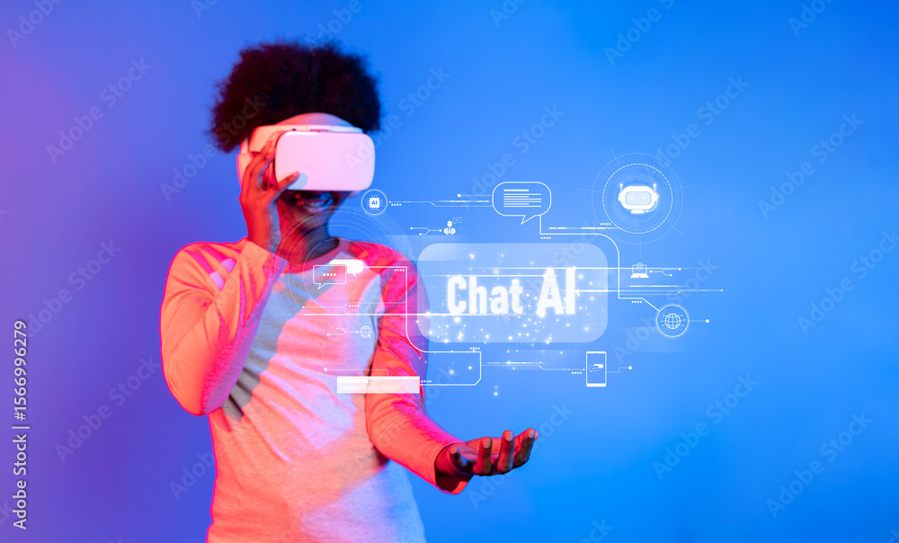 Poster a person using a virtual reality headset interacts with ai technology, showcasing the innovative lan