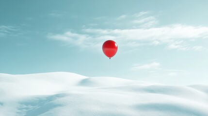 Fototapeta premium A red balloon floats above a snowy landscape.