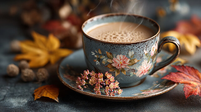A floral teacup with steaming beverage alongside autumn leaves and decorative elements on a table - Powered by Adobe