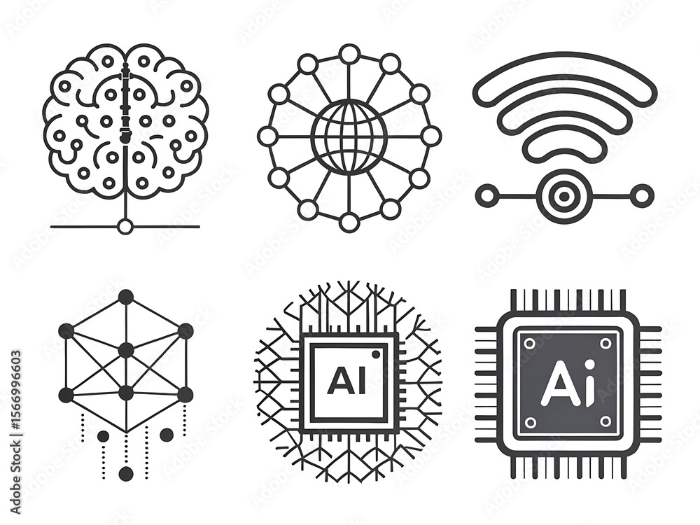 Aufkleber collection of ai related icons including a brain a globe wifi and microchips in black and white - ai