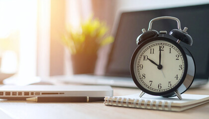 Naklejka premium Modern workspace with alarm clock, notebook and plant on wooden table – productivity concept- alarm clock and book