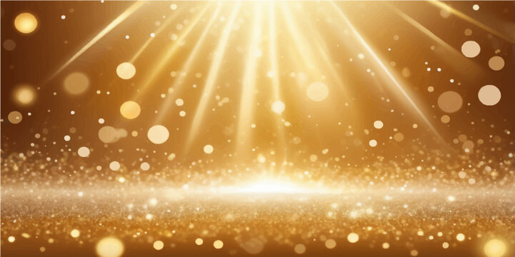 Golden Christmas lights glow brightly, creating an abstract holiday design with sparkling stars and a festive blue and gold backdrop