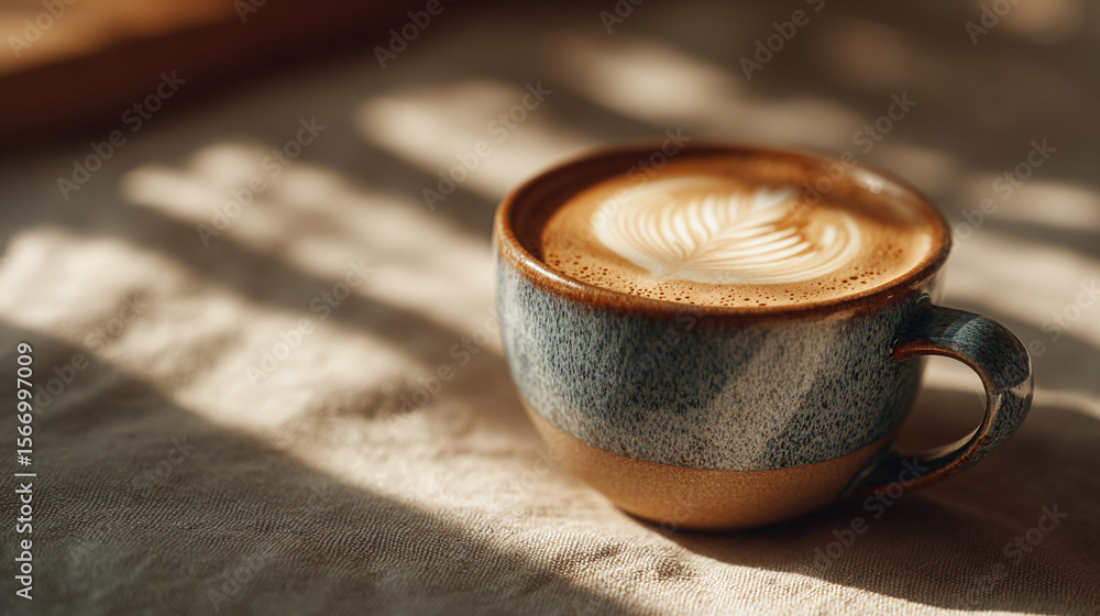 Poster a cup of latte art on a table with sunlight casting shadows creating a cozy and inviting atmosphere