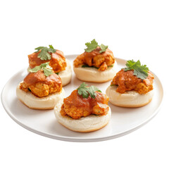 Spicy Chicken Sliders with Cilantro Garnish on Soft Buns for a Flavorful Snack Experience on transparent background