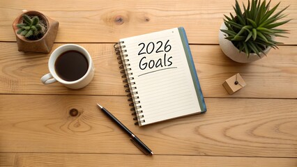 Wooden desk with a notebook titled - 2026 Goals