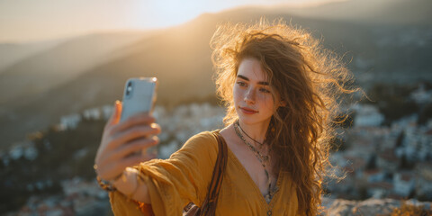 Embrace the radiant beauty of a breathtaking sunset as a young woman captures the moment with a joyful selfie, hair illuminated by the warm, golden light