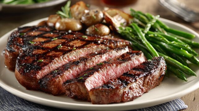 Juicy medium-rare ribeye steak, perfectly grilled. A celebration of rich flavors and culinary mastery.
