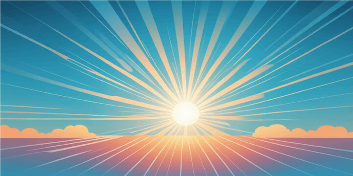 Sunrise over ocean with sun shining through clouds and bright blue sky