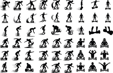 Naklejka premium Person on Hoverboard Icons – Black Silhouette Vector Pack Hoverboard Rider Silhouette Set – Modern Transport Icon Collection